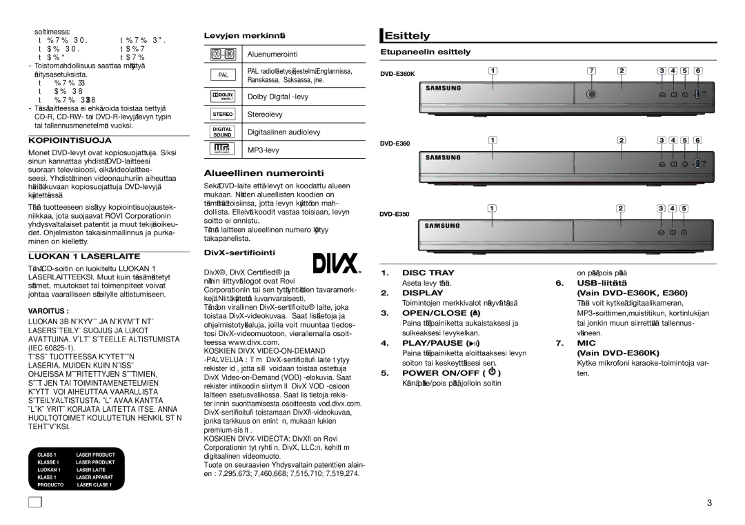 Samsung DVD-D530/XE, DVD-E350/XE, DVD-E360/XE manual Esittely, Kopiointisuoja, Luokan 1 Laserlaite, Varoitus, Display 