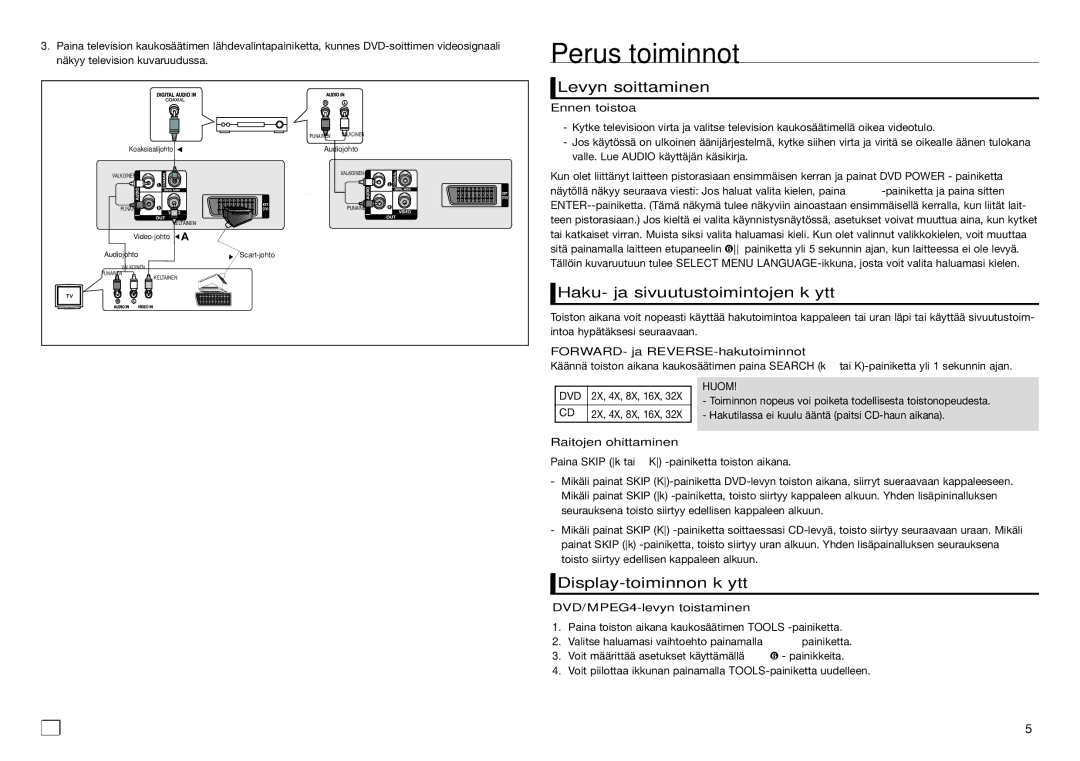 Samsung DVD-E350/XE Perus toiminnot, Levyn soittaminen, Haku- ja sivuutustoimintojen käyttö, Display-toiminnon käyttö 