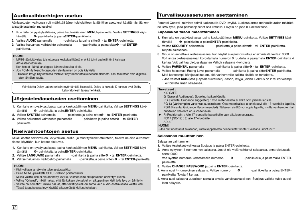 Samsung DVD-D530/XE, DVD-E350/XE Audiovaihtoehtojen asetus, Järjestelmäasetusten asettaminen, Kielivaihtoehtojen asetus 