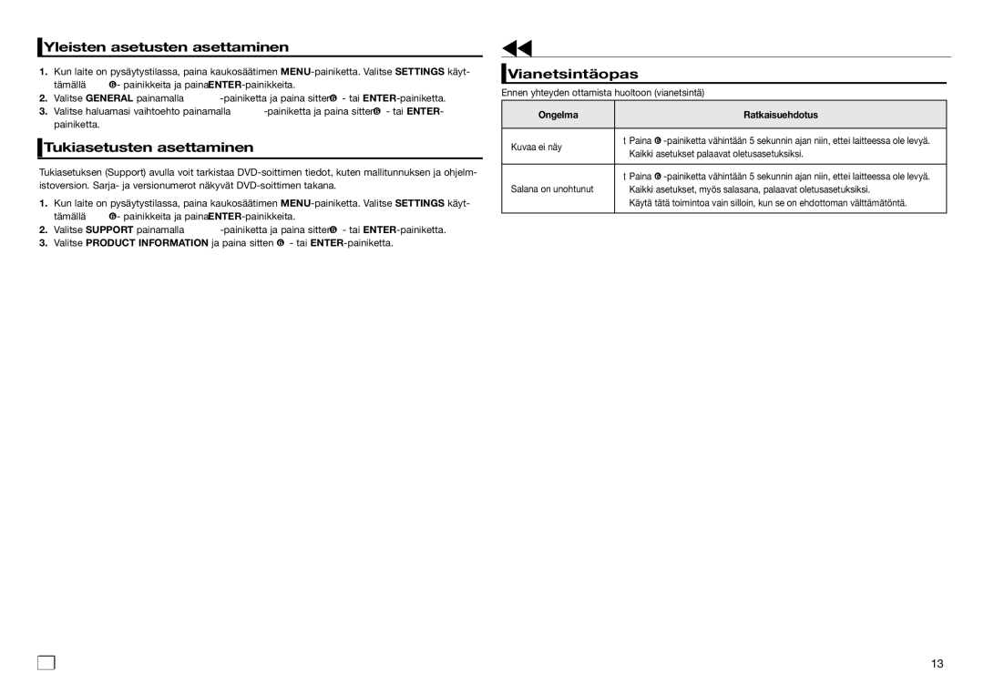 Samsung DVD-E360/XE, DVD-E350/XE manual Lisäksi, Yleisten asetusten asettaminen, Tukiasetusten asettaminen, Vianetsintäopas 