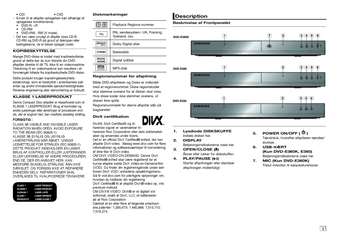 Samsung DVD-E350/XE, DVD-D530/XE, DVD-E360/XE Description, Kopibeskyttelse, Klasse 1 Laserprodukt, Open/Close, Usb-Vært 