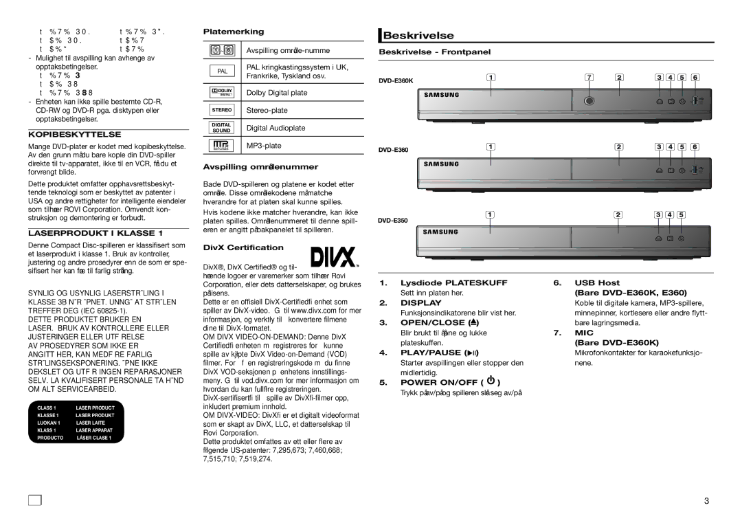 Samsung DVD-E360/XE, DVD-E350/XE, DVD-D530/XE manual Beskrivelse, Laserprodukt I Klasse 