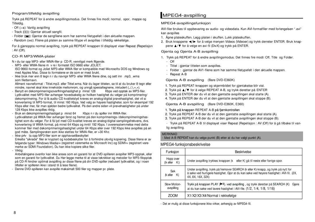 Samsung DVD-D530/XE, DVD-E350/XE, DVD-E360/XE manual MPEG4-avspilling, MPEG4-funksjonsbeskrivelse 