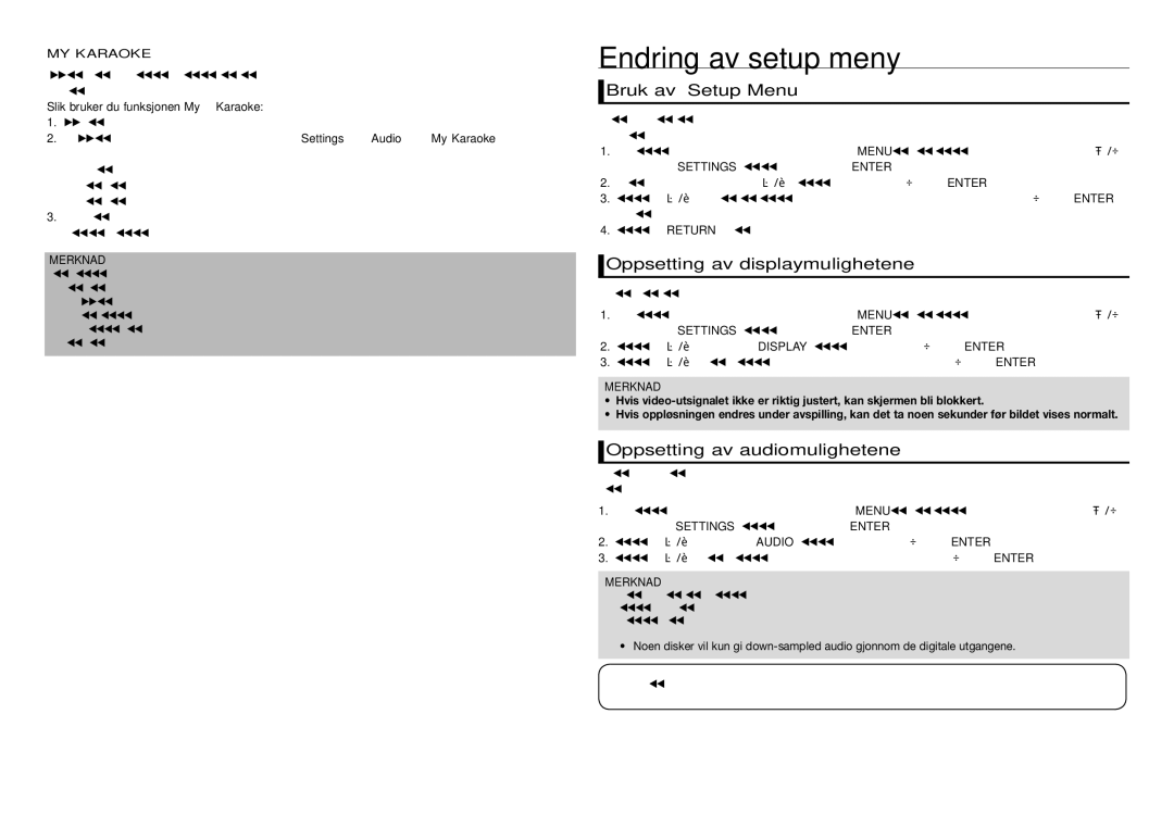 Samsung DVD-D530/XE, DVD-E350/XE Endring av setup meny, Bruk av Setup Menu, Oppsetting av displaymulighetene, MY Karaoke 