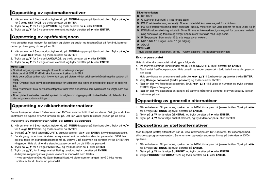 Samsung DVD-E360/XE Oppsetting av systemalternativer, Oppsetting av språfunksjonen, Oppsetting av sikkerhetsalternativer 