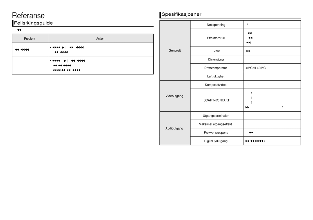 Samsung DVD-E350/XE, DVD-D530/XE, DVD-E360/XE manual Referanse, Feilsøkingsguide, Spesifikasjosner 