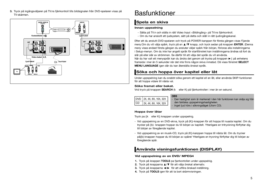 Samsung DVD-E360/XE, DVD-E350/XE, DVD-D530/XE manual Basfunktioner, Spela en skiva, Söka och hoppa över kapitel eller låt 