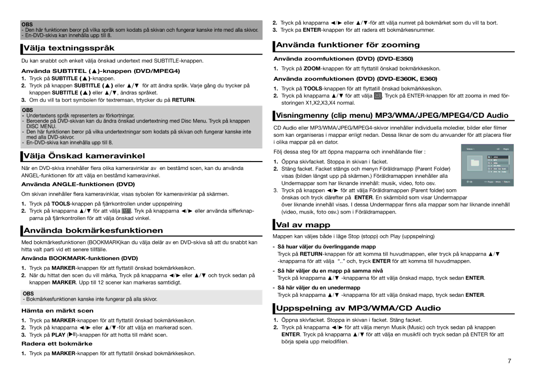 Samsung DVD-D530/XE, DVD-E350/XE Välja textningsspråk, Välja Önskad kameravinkel, Använda bokmärkesfunktionen, Val av mapp 