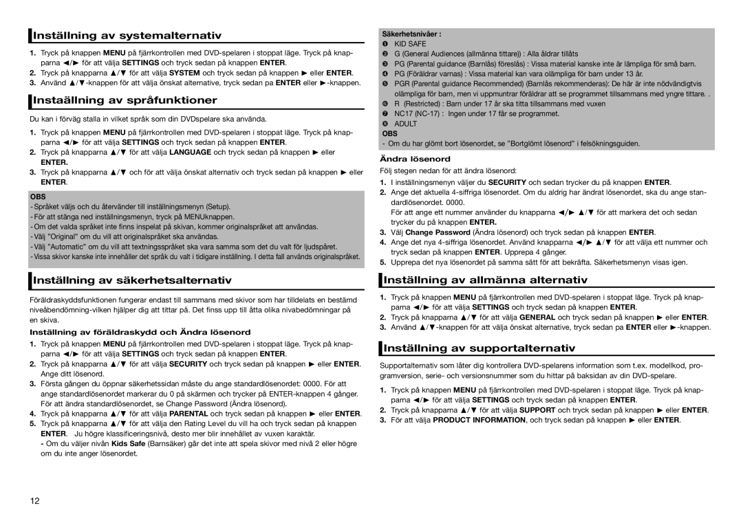 Samsung DVD-E350/XE Inställning av systemalternativ, Instaällning av språfunktioner, Inställning av säkerhetsalternativ 