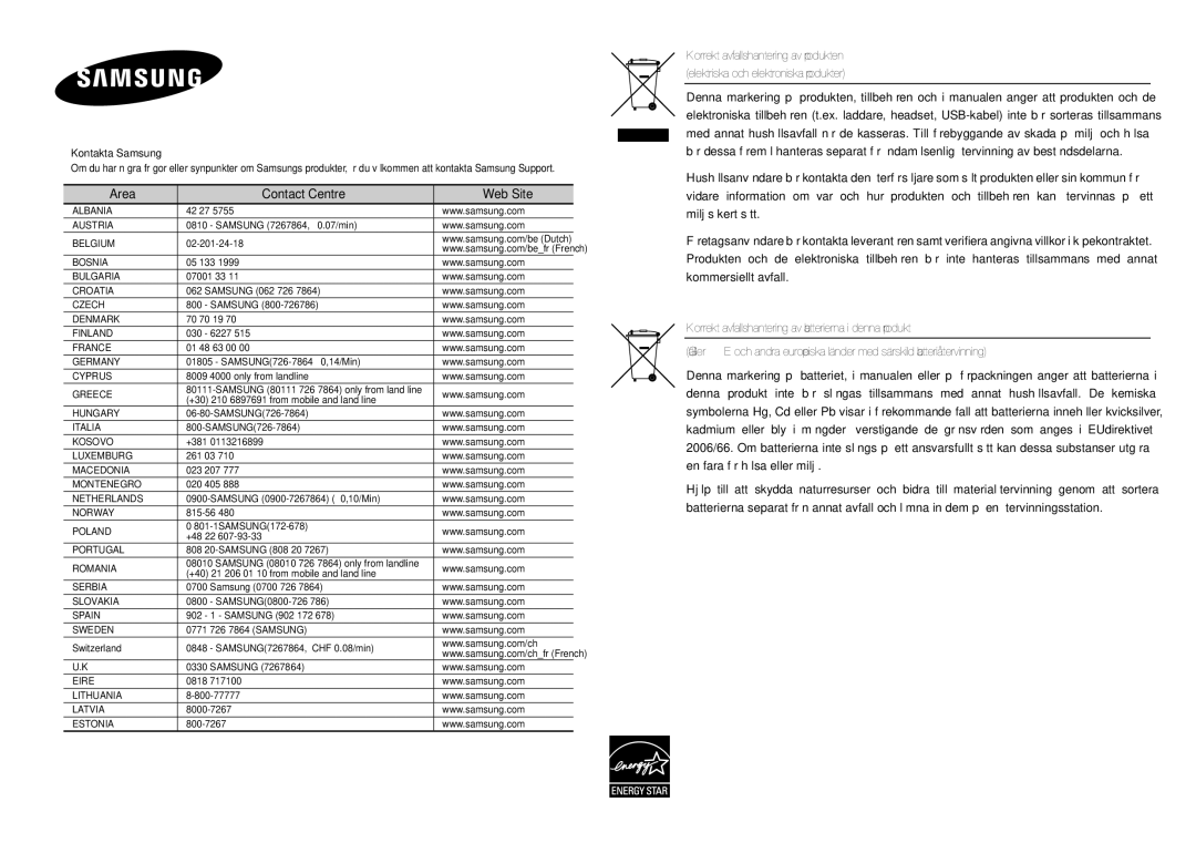 Samsung DVD-D530/XE, DVD-E350/XE, DVD-E360/XE manual Area Contact Centre  Web Site 