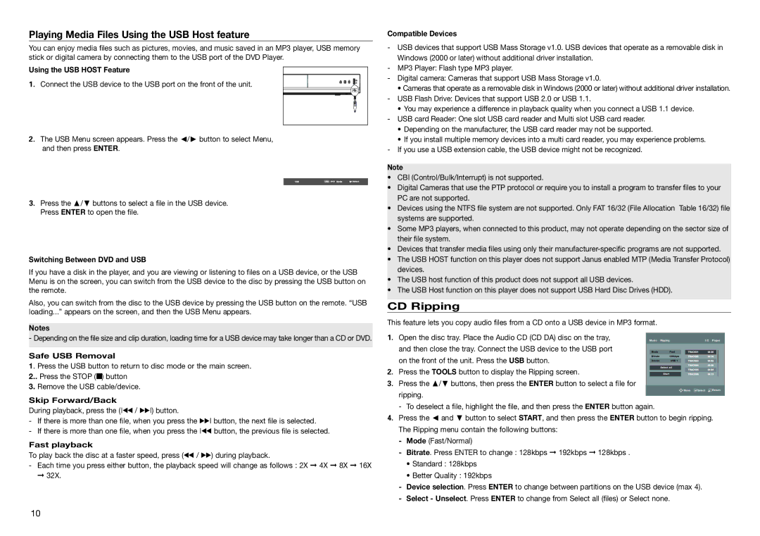 Samsung DVD-E360 user manual Playing Media Files Using the USB Host feature, CD Ripping 