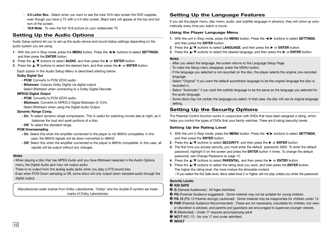 Samsung DVD-E360 Setting Up the Audio Options, Setting Up the Language Features, Setting Up the Security Options, ❽ Adult 