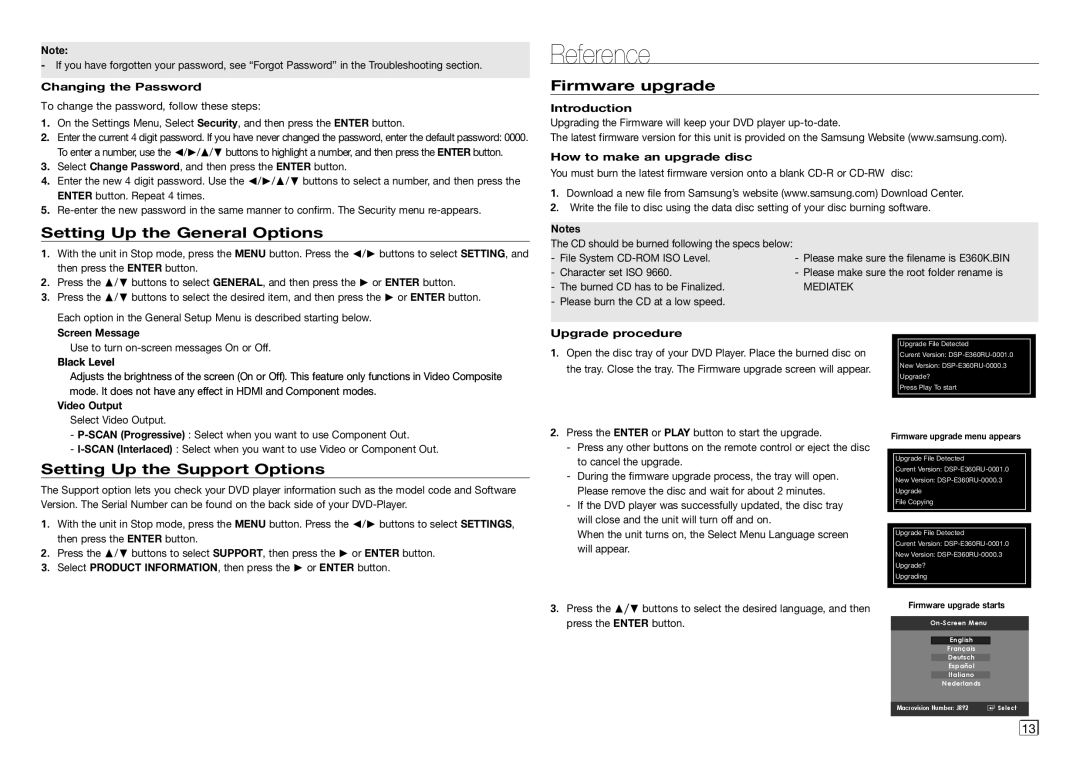 Samsung DVD-E360 user manual Reference, Setting Up the General Options, Firmware upgrade, Setting Up the Support Options 