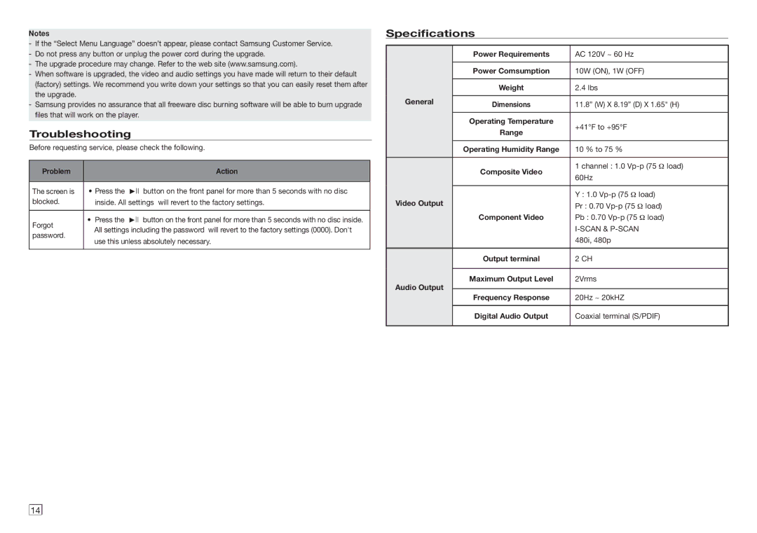 Samsung DVD-E360 user manual Troubleshooting, Specifications 