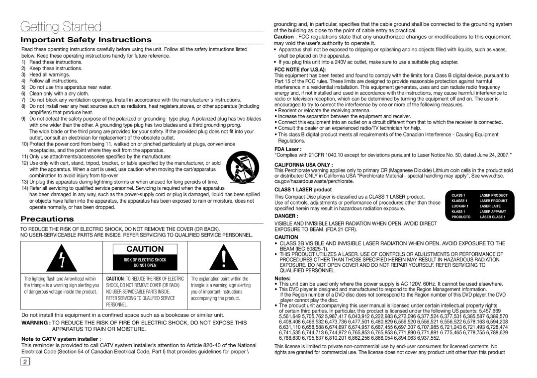 Samsung DVD-E360 user manual Getting Started, Important Safety Instructions, Precautions, California Usa Only 