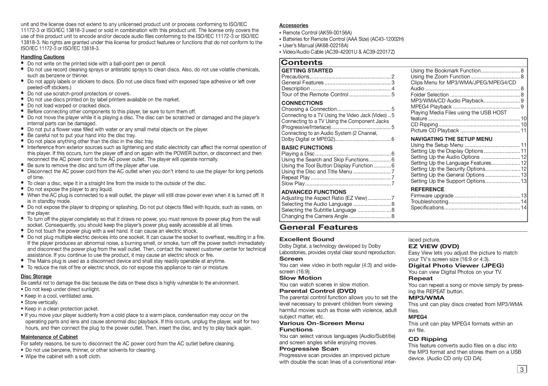 Samsung DVD-E360 user manual Contents, General Features 