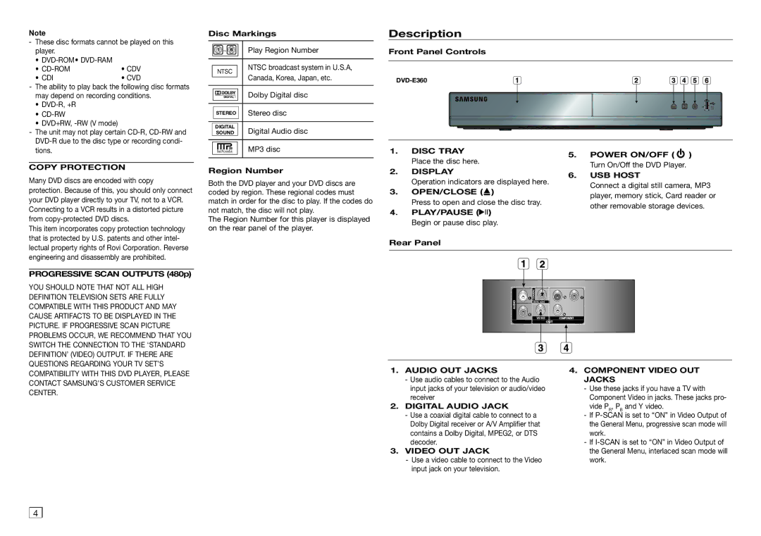 Samsung DVD-E360 user manual Description 