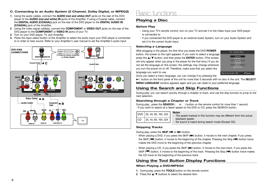 Samsung DVD-E360 user manual Basic functions, Playing a Disc, Using the Search and Skip Functions 