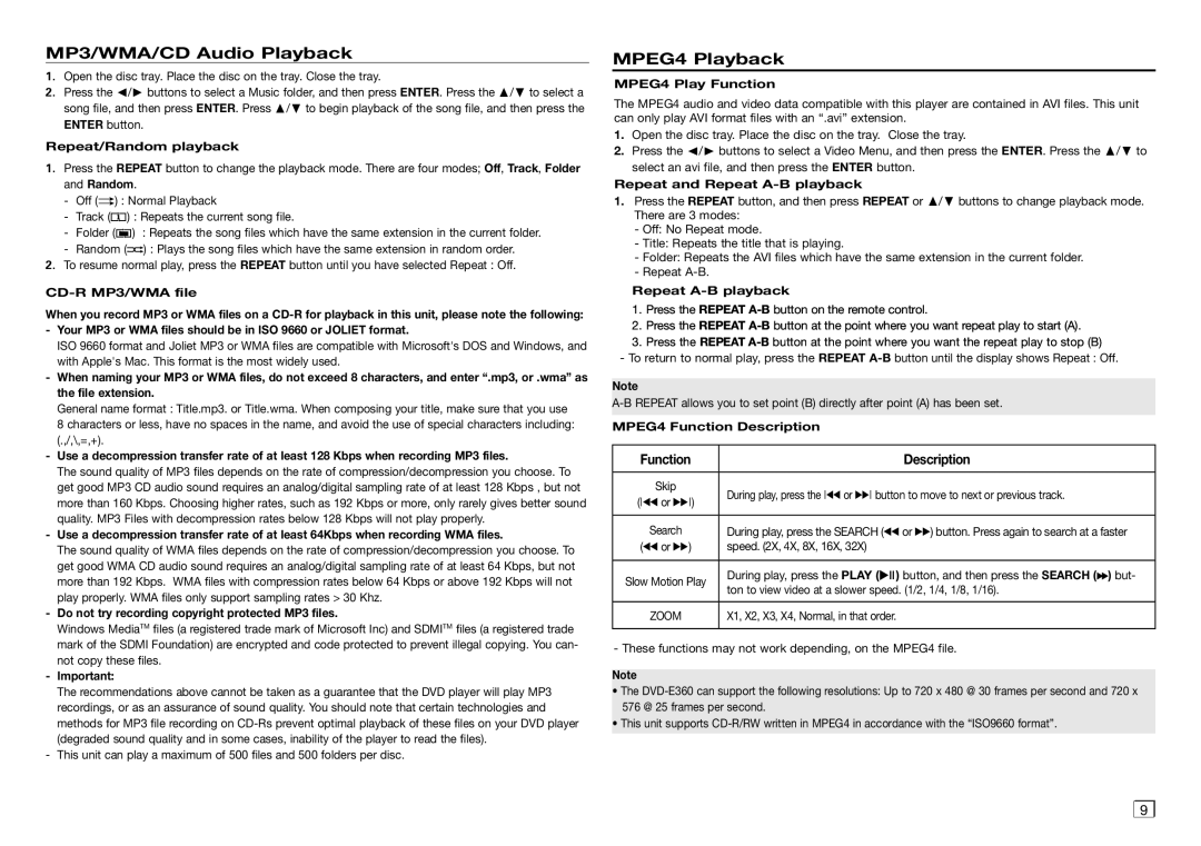 Samsung DVD-E360 user manual MP3/WMA/CD Audio Playback, MPEG4 Playback 