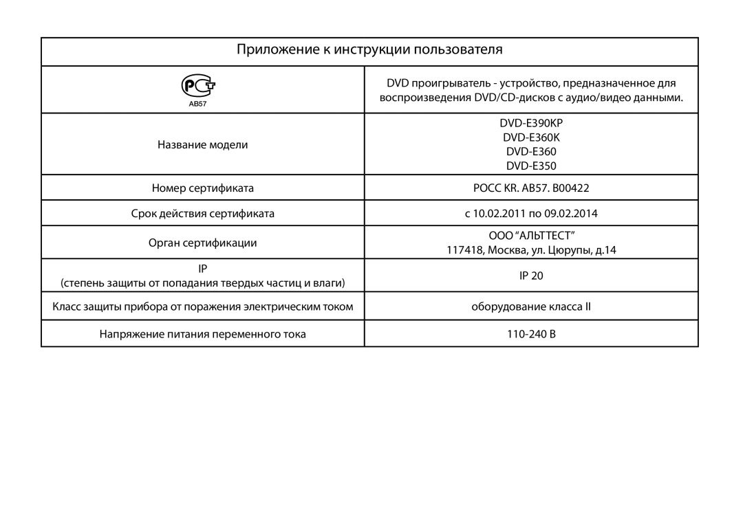 Samsung DVD-E360/EN, DVD-E360K/RU, DVD-E350/RU, DVD-E390KP/RU, DVD-E360/RU manual Приложение к инструкции пользователя, AB57 