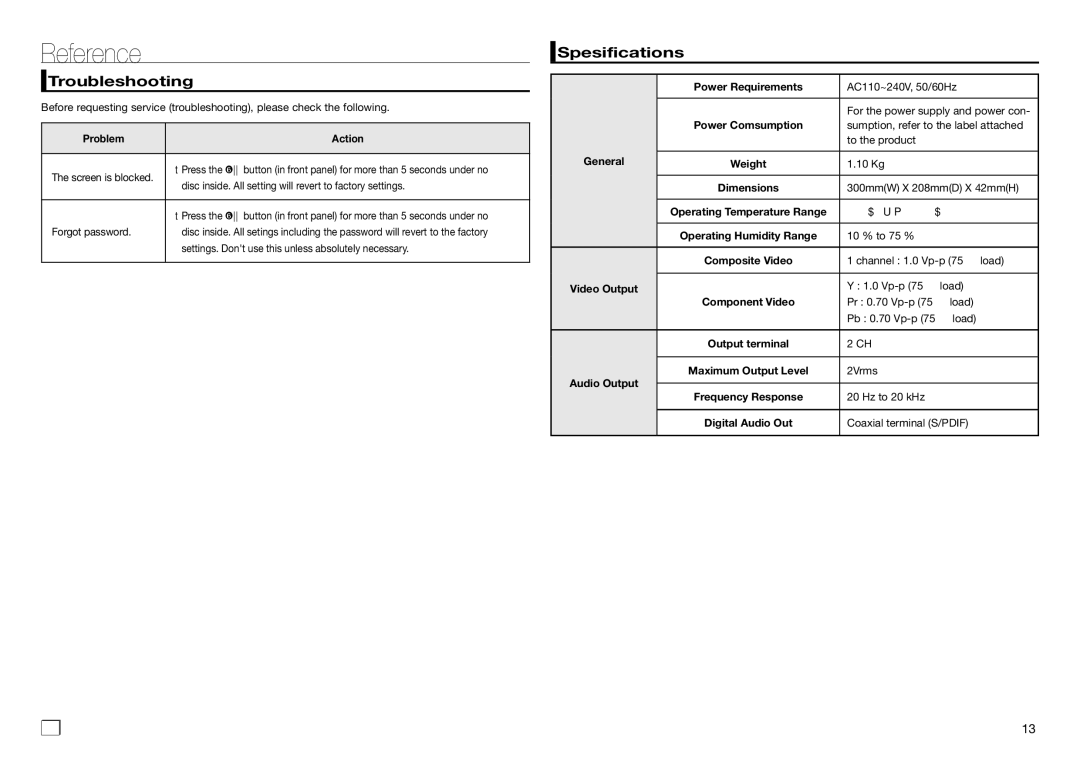 Samsung DVD-E360/XV manual Reference, Troubleshooting, Spesifications 