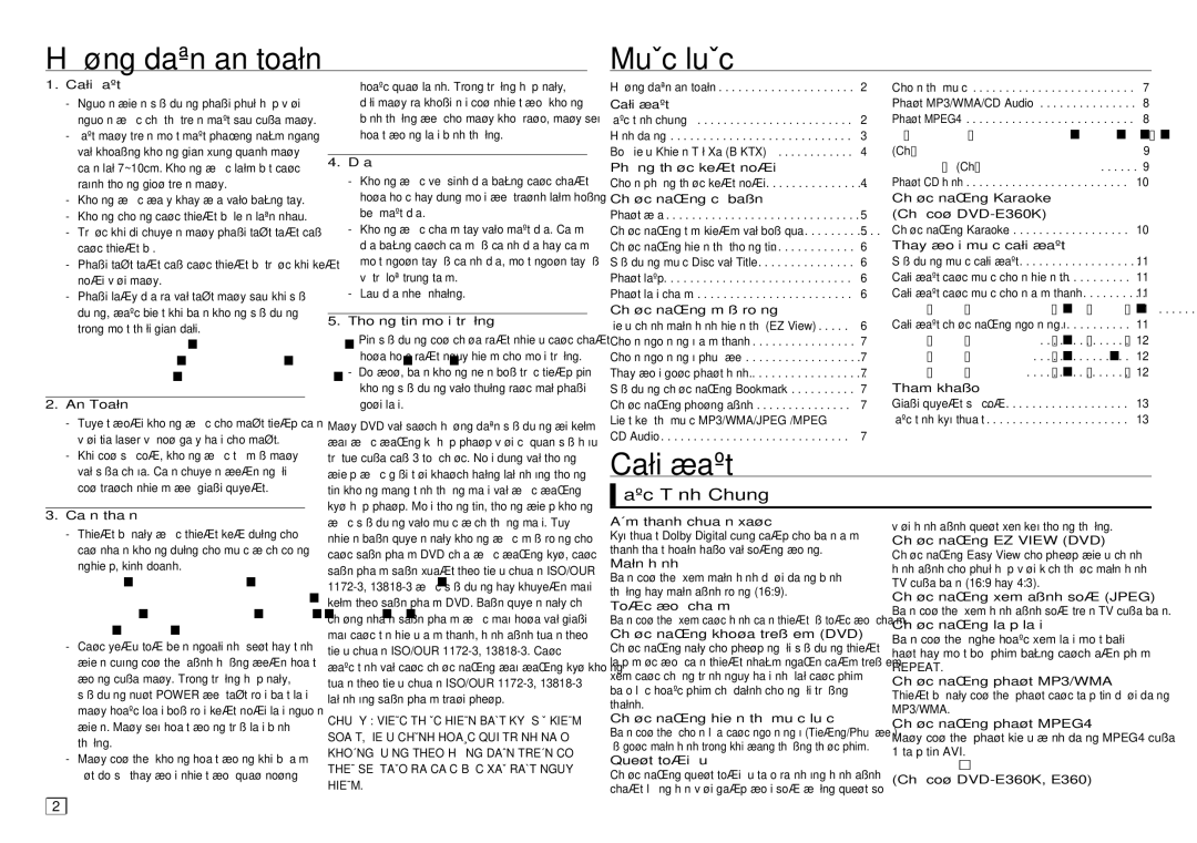 Samsung DVD-E360/XV manual Höôùng daãn an toaøn MuÏc luÏc, Caøi ñaët, Ñaëc Tính Chung 