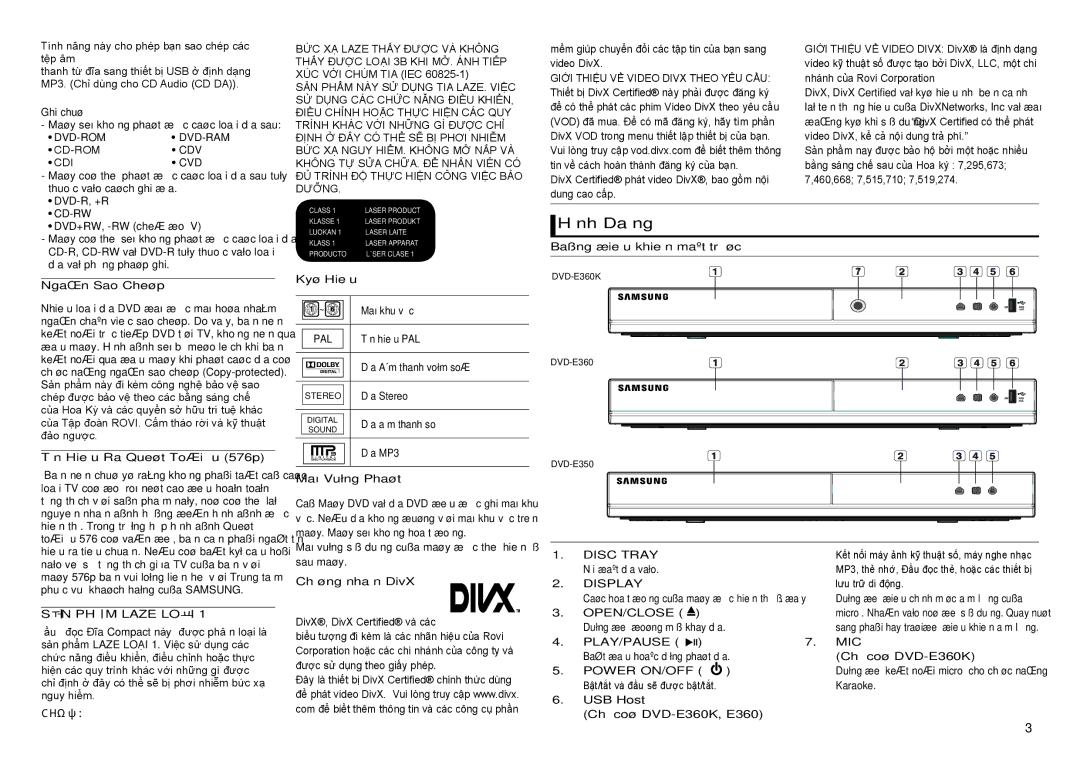 Samsung DVD-E360/XV manual Hình Daïng, SẢN Phẩm Laze Loại, Chú Ý, Disc Tray 