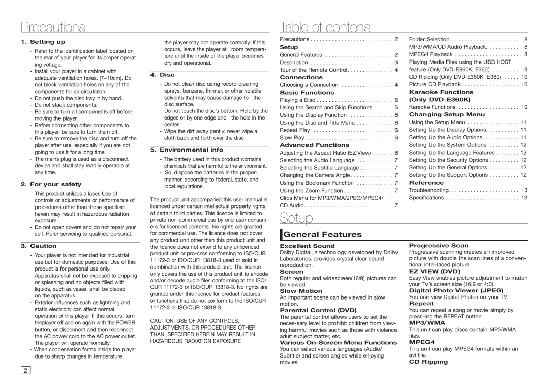 Samsung DVD-E360/XV manual Precautions Table of contens, Setup, General Features 