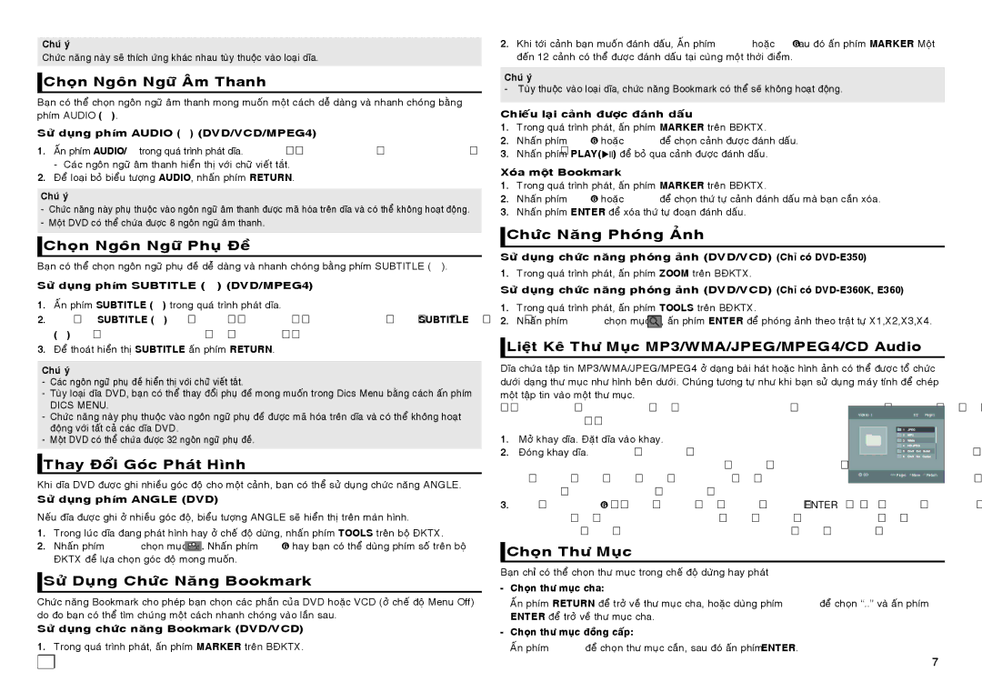 Samsung DVD-E360/XV manual Choïn Ngoân Ngöõ AÂm Thanh, Choïn Ngoân Ngöõ Phuï Ñeà, Chöùc Naêng Phoùng AÛnh, Choïn Thö Muïc 