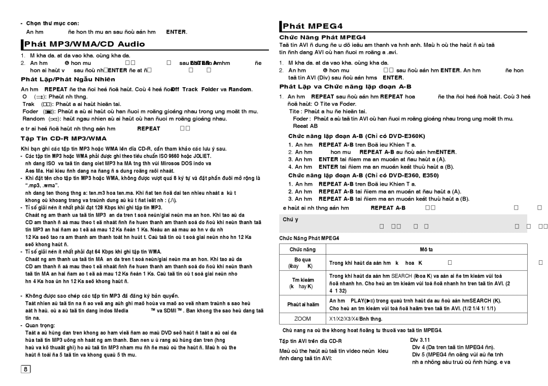 Samsung DVD-E360/XV manual Phaùt MP3/WMA/CD Audio, Phaùt MPEG4 