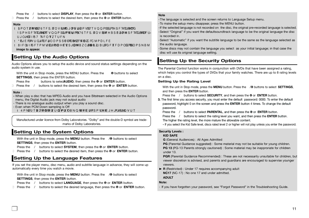 Samsung DVD-E360/ZA Setting Up the Audio Options, Setting Up the System Options, Setting Up the Language Features 