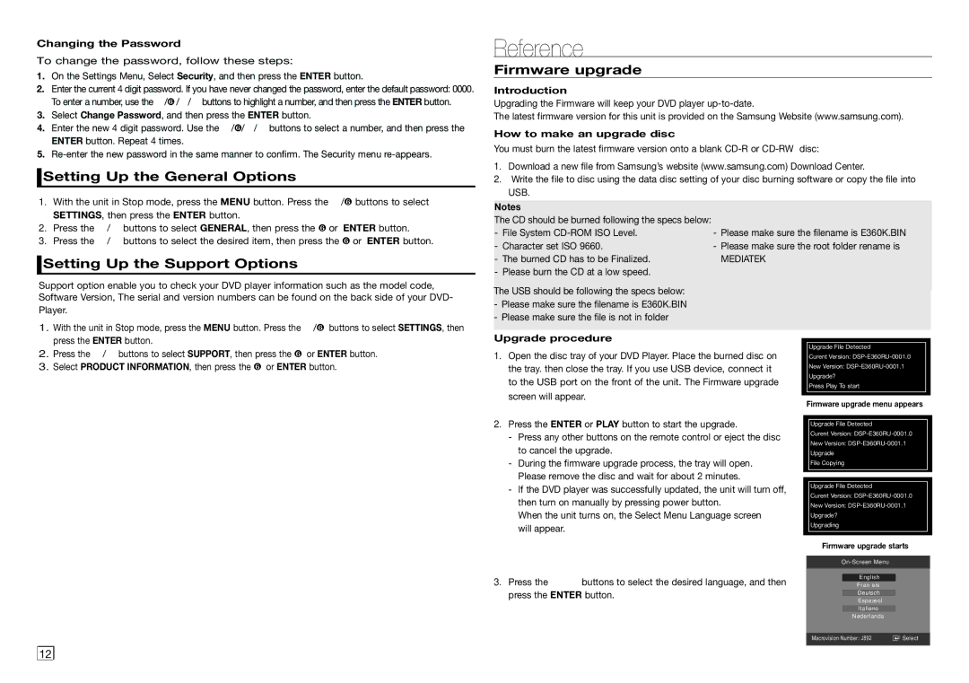 Samsung DVD-E360/ZA user manual Reference, Setting Up the General Options, Setting Up the Support Options, Firmware upgrade 