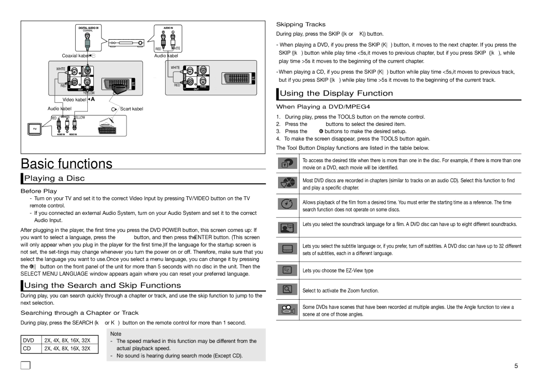 Samsung DVD-E360/ZA Basic functions, Playing a Disc, Using the Search and Skip Functions, Using the Display Function 