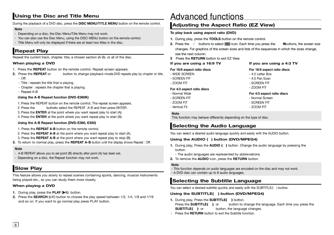 Samsung DVD-E360/ZA user manual Advanced functions 