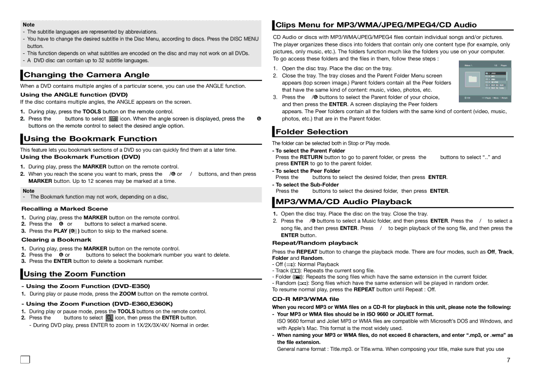 Samsung DVD-E360/ZA Changing the Camera Angle, Using the Bookmark Function, Using the Zoom Function, Folder Selection 