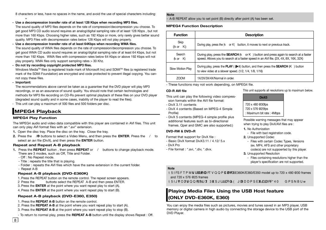 Samsung DVD-E360/ZA user manual MPEG4 Playback, Dvd-Rw & Dvd+R 