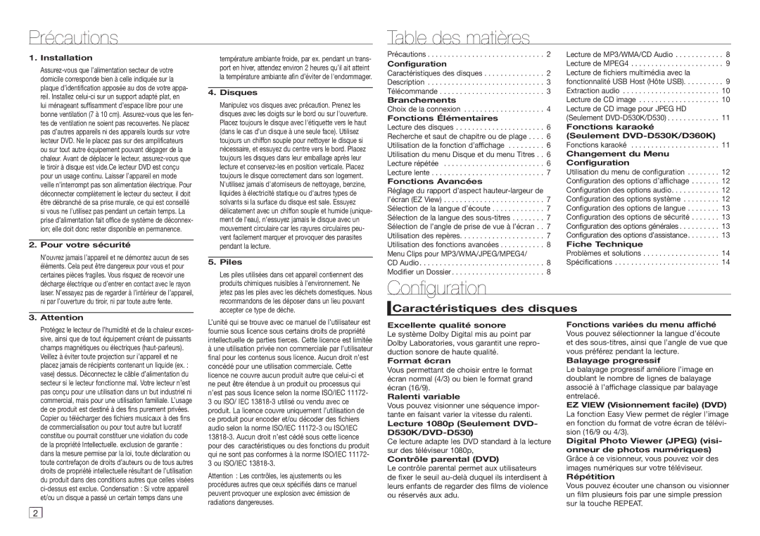 Samsung DVD-D530/ZF, DVD-E360/ZF, DVD-D530/ZV Précautions Table des matières, Configuration, Caractéristiques des disques 