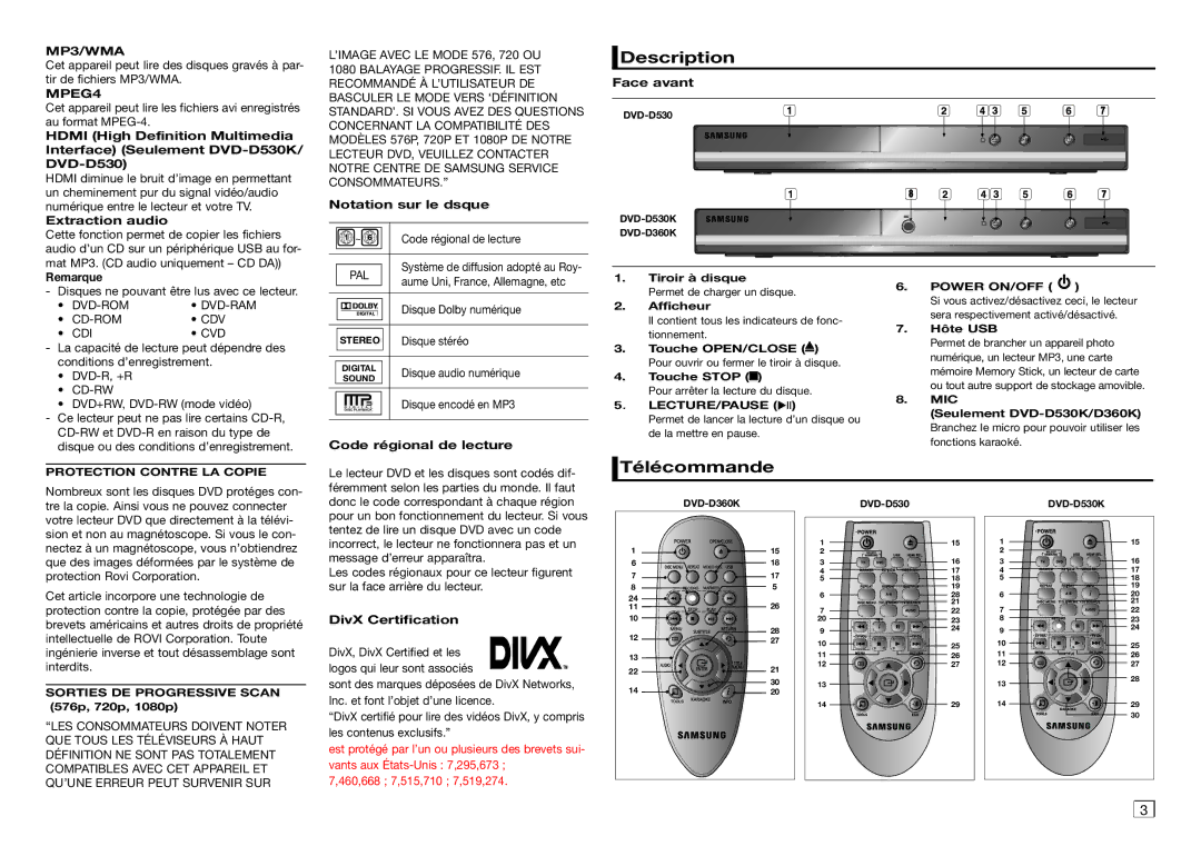 Samsung DVD-D530/ZN, DVD-E360/ZF, DVD-D530/ZV, DVD-D530/ZF manual Télécommande 