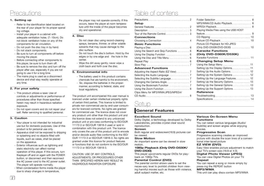 Samsung DVD-D530/ZF, DVD-E360/ZF, DVD-D530/ZV Precautions Table of contens, Setup, General Features, EZ View DVD, MP3/WMA 