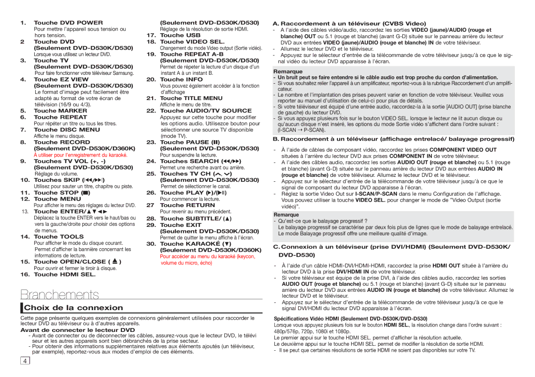 Samsung DVD-E360/ZF, DVD-D530/ZV, DVD-D530/ZF, DVD-D530/ZN manual Branchements, Choix de la connexion 