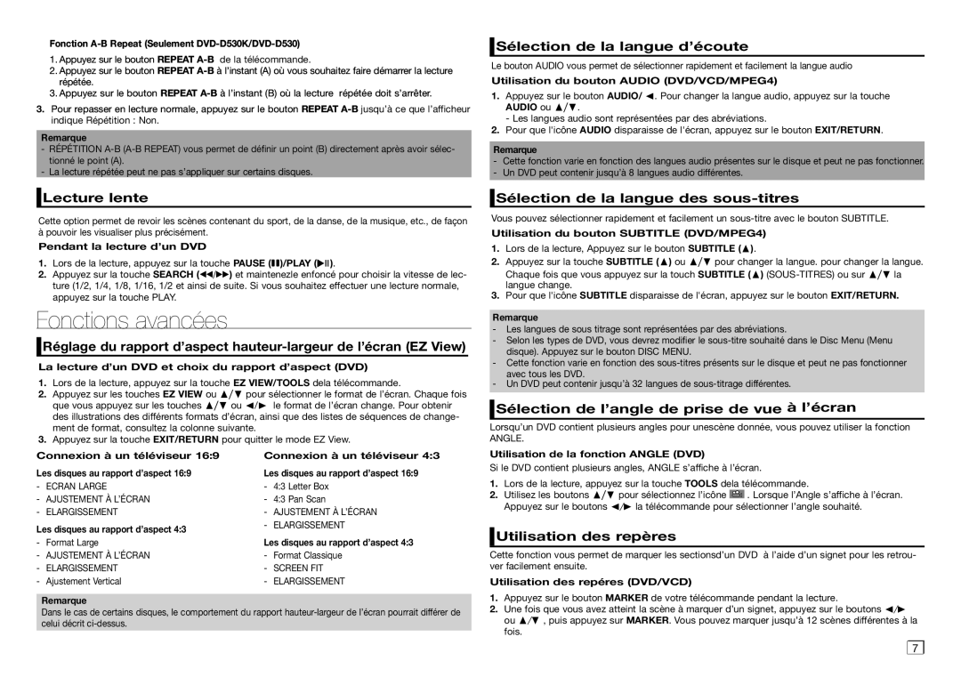 Samsung DVD-D530/ZN, DVD-E360/ZF, DVD-D530/ZV, DVD-D530/ZF manual Fonctions avancées 