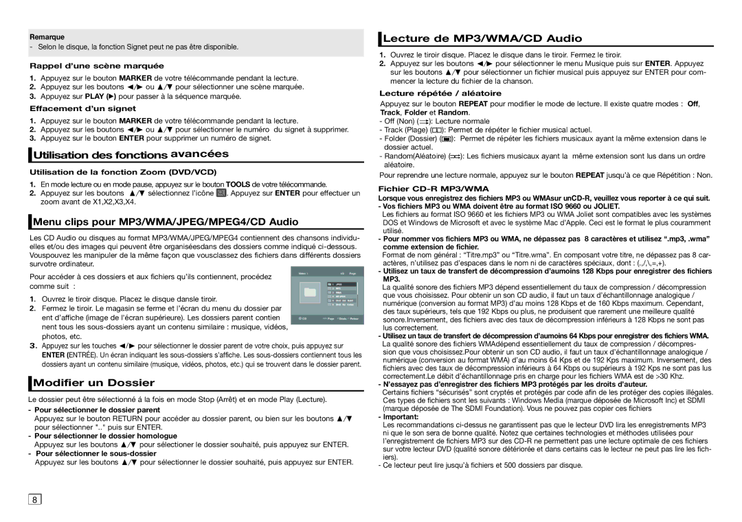 Samsung DVD-E360/ZF Utilisation des fonctions avancées, Menu clips pour MP3/WMA/JPEG/MPEG4/CD Audio, Modifier un Dossier 