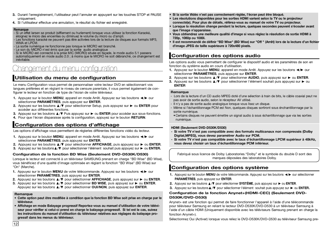 Samsung DVD-E360/ZF, DVD-D530/ZV, DVD-D530/ZF manual Changement du menu configuration, Utilisation du menu de configuration 