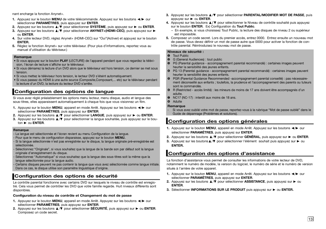 Samsung DVD-D530/ZV manual Configuration des options de langue, Configuration des options de sécurité, Niveaux de sécurité 