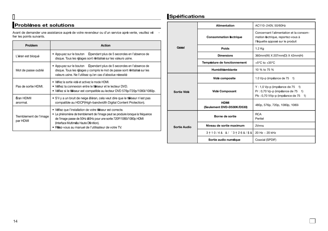 Samsung DVD-D530/ZF, DVD-E360/ZF, DVD-D530/ZV, DVD-D530/ZN manual Fiche technique, Problèmes et solutions, Spécifications 