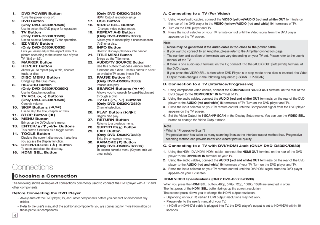 Samsung DVD-E360/ZF, DVD-D530/ZV, DVD-D530/ZF, DVD-D530/ZN manual Connections, Choosing a Connection 