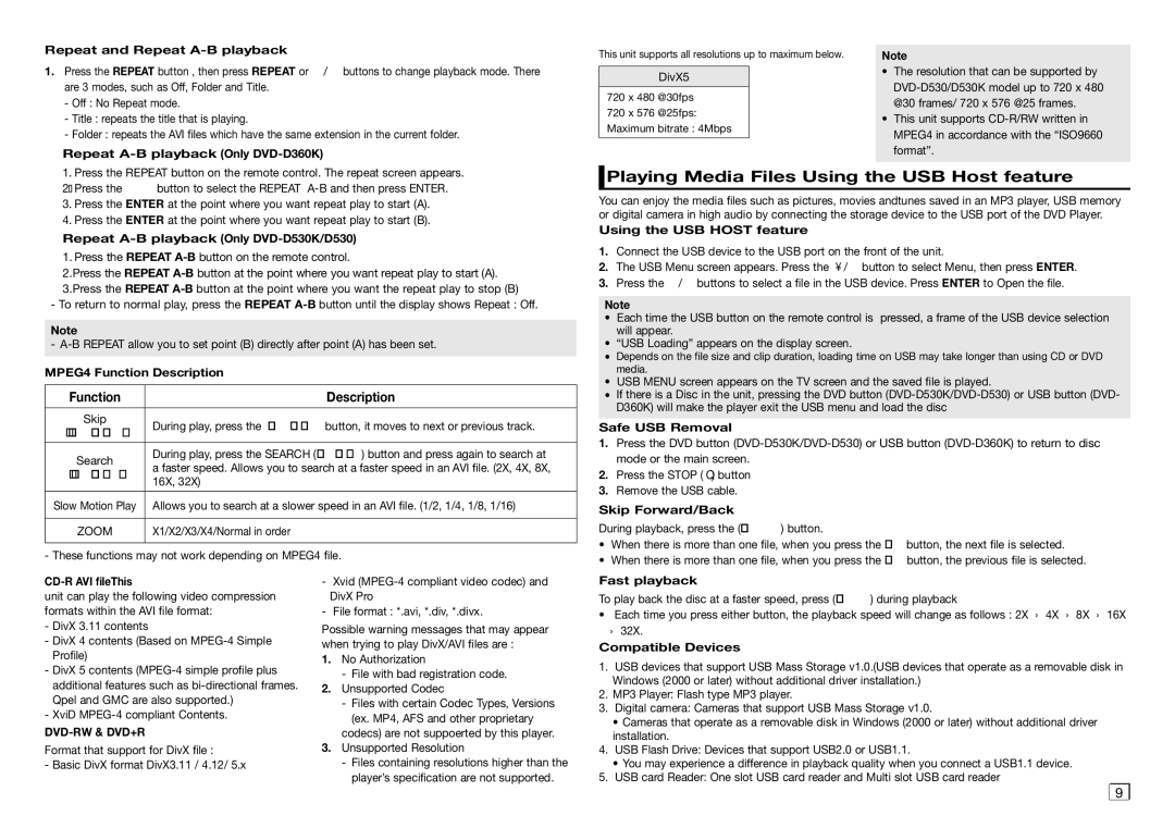 Samsung DVD-D530/ZV, DVD-E360/ZF, DVD-D530/ZF, DVD-D530/ZN Playing Media Files Using the USB Host feature, Dvd-Rw & Dvd+R 