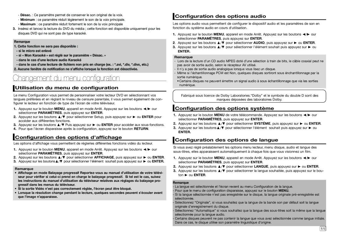 Samsung DVD-E350/ZF, DVD-E360/ZF manual Changement du menu configuration 