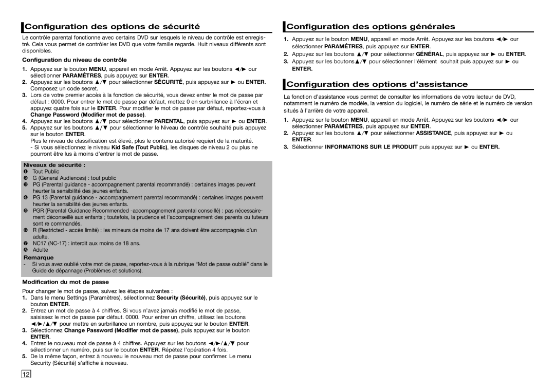 Samsung DVD-E360/ZF, DVD-E350/ZF manual Configuration des options de sécurité, Configuration des options générales 