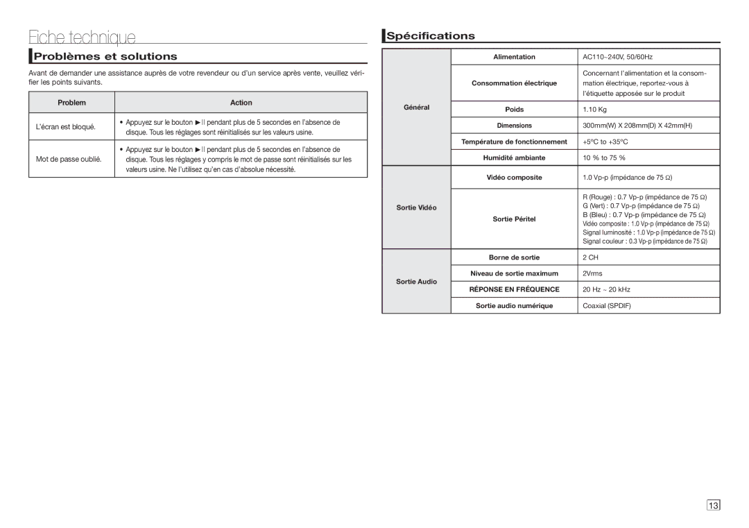 Samsung DVD-E350/ZF, DVD-E360/ZF manual Fiche technique, Problèmes et solutions, Spécifications, Problem Action 